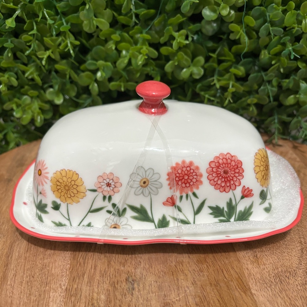Potter’s Studio NWT Floral Ceramic Butter Dish with Coral Trim